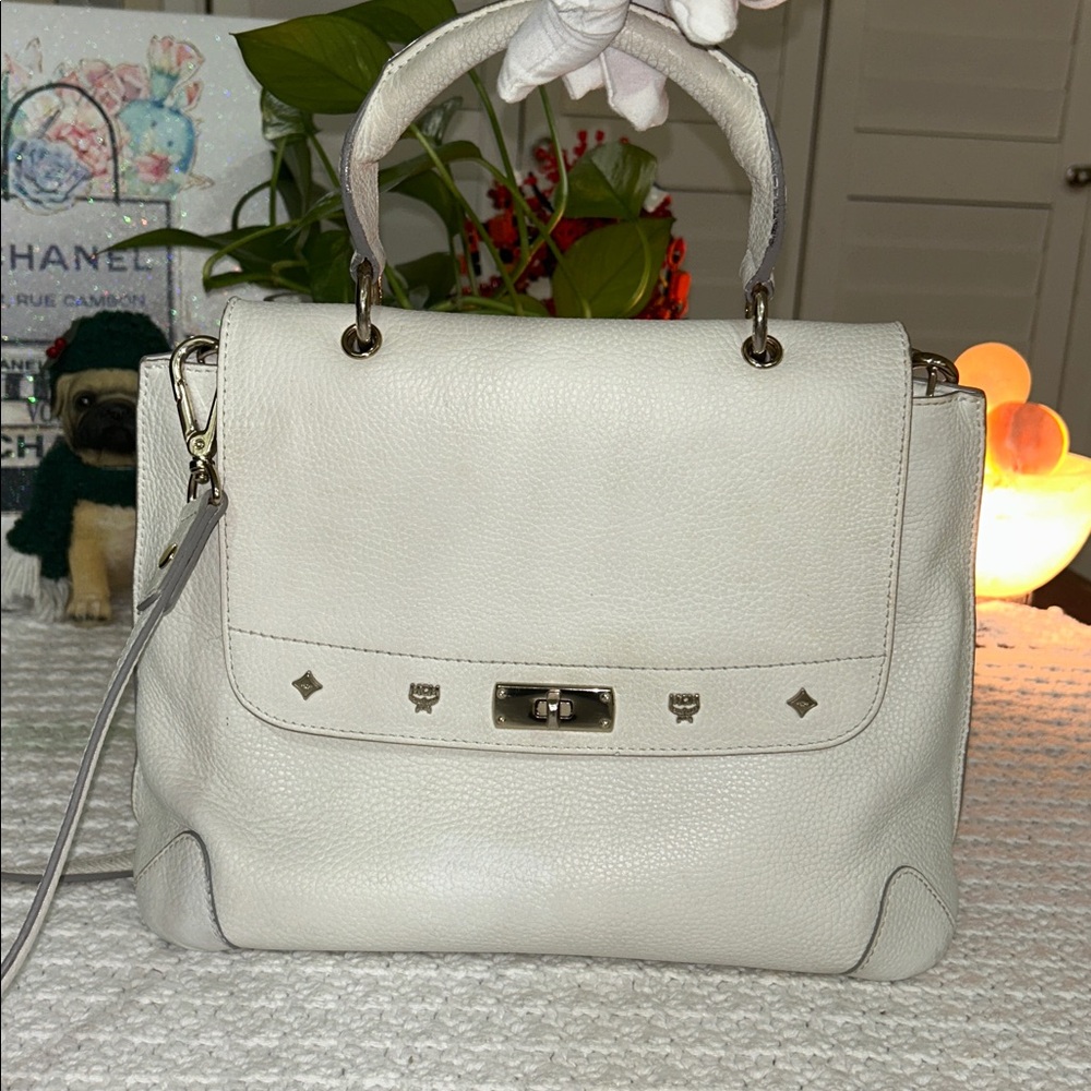 MCM White Pebbled Leather Two-Way Satchel / Crossbody